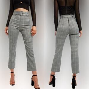Bardot Belted Plaid Trouser Pants Size 10 Gray Academia Preppy Career Classic